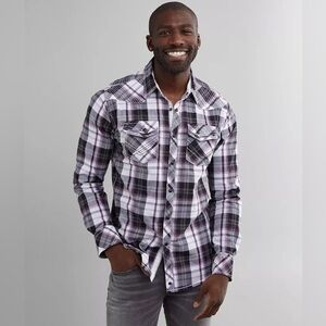 BUCKLE BLACK Plaid Standard Stretch Shirt Black Purple Size Small